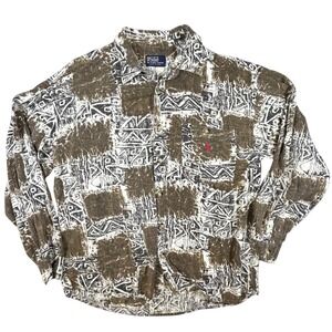Polo Ralph Lauren Mens XL Tribal Aztec Print Button Down Shirt Brown Made in USA